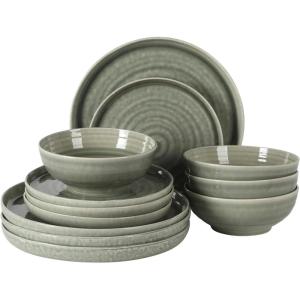 image:imageGibson Elite Pacifco Beach Plates and Bowls Sets 12Piece Stoneware Dinnerware Sets Reactive Glaze Dish Set  BlueGreen Eclipse Swirls