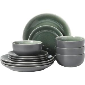 image:imageGibson Elite Pacifco Beach Plates and Bowls Sets 12Piece Stoneware Dinnerware Sets Reactive Glaze Dish Set  BlueGreen Pine Coast