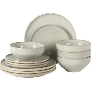 image:imageGibson Elite Pacifco Beach Plates and Bowls Sets 12Piece Stoneware Dinnerware Sets Reactive Glaze Dish Set  BlueMoonstone White White Sands