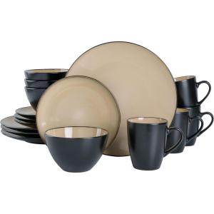image:imageGibson Elite Pacifco Beach Plates and Bowls Sets 12Piece Stoneware Dinnerware Sets Reactive Glaze Dish Set  BlueTaupe