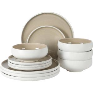 image:imageGibson Elite Pacifco Beach Plates and Bowls Sets 12Piece Stoneware Dinnerware Sets Reactive Glaze Dish Set  BlueTaupe Pacifico Beach