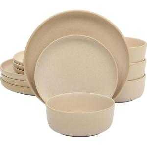 image:imageGibson Elite Pacifco Beach Plates and Bowls Sets 12Piece Stoneware Dinnerware Sets Reactive Glaze Dish Set  BlueTaupe Pasco