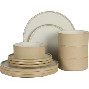 image:imageGibson Elite Villa Amadora  Made in Portugal  12 Piece Dinnerware Set for 4 Two Tone Tan and Grey Speckled Stoneware Plates and Bowls Sets Dish Set with Dinner Plates Salad Plates amp Cereal BowlsTanWhite Valle Amadora Dinnerware
