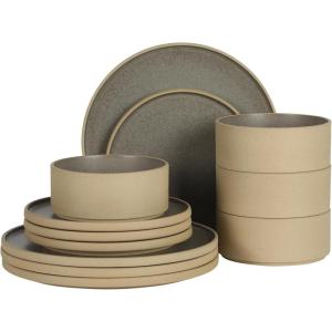 image:imageGibson Elite Villa Amadora  Made in Portugal  12 Piece Dinnerware Set for 4 Two Tone Tan and Grey Speckled Stoneware Plates and Bowls Sets Dish Set with Dinner Plates Salad Plates amp Cereal BowlsTanGrey Valle Amadora Dinnerware