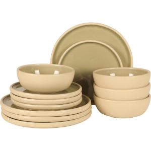 image:imageGibson Elite Villa Amadora  Made in Portugal  12 Piece Dinnerware Set for 4 Two Tone Tan and Grey Speckled Stoneware Plates and Bowls Sets Dish Set with Dinner Plates Salad Plates amp Cereal BowlsGrey Port Gaia Dinnerware