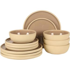 image:imageGibson Elite Villa Amadora  Made in Portugal  12 Piece Dinnerware Set for 4 Two Tone Tan and Grey Speckled Stoneware Plates and Bowls Sets Dish Set with Dinner Plates Salad Plates amp Cereal BowlsTaupe 12pc Dinnerware Set