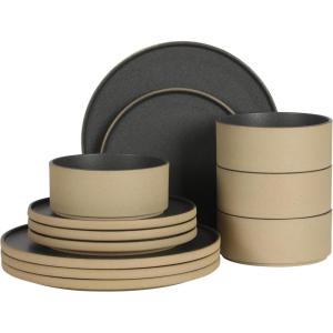 image:imageGibson Elite Villa Amadora  Made in Portugal  12 Piece Dinnerware Set for 4 Two Tone Tan and Grey Speckled Stoneware Plates and Bowls Sets Dish Set with Dinner Plates Salad Plates amp Cereal BowlsTanBlack Valle Amadora Dinnerware