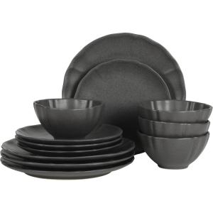 image:imageGibson Elite Villa Amadora  Made in Portugal  12 Piece Dinnerware Set for 4 Two Tone Tan and Grey Speckled Stoneware Plates and Bowls Sets Dish Set with Dinner Plates Salad Plates amp Cereal BowlsBlack Vista Rossio Dinnerware