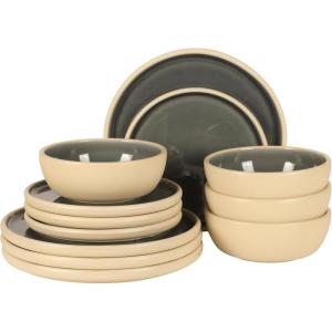 image:imageGibson Elite Villa Amadora  Made in Portugal  12 Piece Dinnerware Set for 4 Two Tone Tan and Grey Speckled Stoneware Plates and Bowls Sets Dish Set with Dinner Plates Salad Plates amp Cereal BowlsBlue 12pc Dinnerware Set