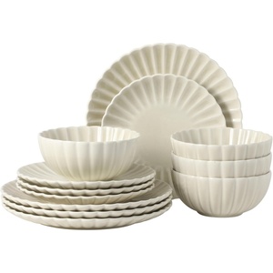 image:imageGibson Elite Bistro Fleur Plates and Bowls Sets 12Piece Stoneware Dinnerware Set for 4 Ivory White Scalloped Dish Set with Dinner Plates Salad Plates amp BowlsCream White Peach Orchard