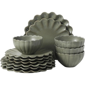 image:imageGibson Elite Bistro Fleur Plates and Bowls Sets 12Piece Stoneware Dinnerware Set for 4 Ivory White Scalloped Dish Set with Dinner Plates Salad Plates amp BowlsMatte Green Bistro Fleur