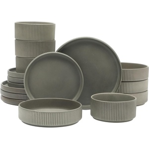 image:imageGibson Elite Bistro Fleur Plates and Bowls Sets 12Piece Stoneware Dinnerware Set for 4 Ivory White Scalloped Dish Set with Dinner Plates Salad Plates amp BowlsSoft Grey Deerfield