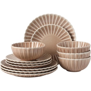 image:imageGibson Elite Bistro Fleur Plates and Bowls Sets 12Piece Stoneware Dinnerware Set for 4 Ivory White Scalloped Dish Set with Dinner Plates Salad Plates amp BowlsMauve Rose Peach Orchard