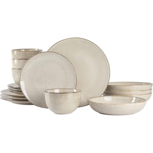 image:imageGibson Elite Bistro Fleur Plates and Bowls Sets 12Piece Stoneware Dinnerware Set for 4 Ivory White Scalloped Dish Set with Dinner Plates Salad Plates amp BowlsTaupe Matisse