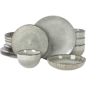 image:imageGibson Elite Bistro Fleur Plates and Bowls Sets 12Piece Stoneware Dinnerware Set for 4 Ivory White Scalloped Dish Set with Dinner Plates Salad Plates amp BowlsGreen Matisse