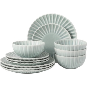 image:imageGibson Elite Bistro Fleur Plates and Bowls Sets 12Piece Stoneware Dinnerware Set for 4 Ivory White Scalloped Dish Set with Dinner Plates Salad Plates amp BowlsAqua Blue Peach Orchard