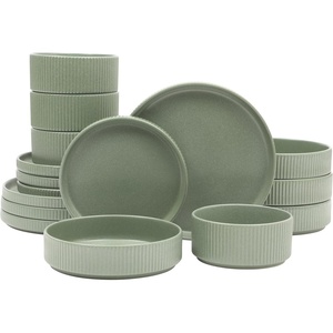 image:imageGibson Elite Bistro Fleur Plates and Bowls Sets 12Piece Stoneware Dinnerware Set for 4 Ivory White Scalloped Dish Set with Dinner Plates Salad Plates amp BowlsMatte Green Deerfield