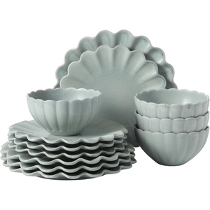 image:imageGibson Elite Bistro Fleur Plates and Bowls Sets 12Piece Stoneware Dinnerware Set for 4 Ivory White Scalloped Dish Set with Dinner Plates Salad Plates amp BowlsSage Blue Bistro Fleur
