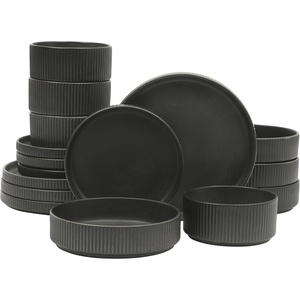 image:imageGibson Elite Bistro Fleur Plates and Bowls Sets 12Piece Stoneware Dinnerware Set for 4 Ivory White Scalloped Dish Set with Dinner Plates Salad Plates amp BowlsMatte Black Deerfield