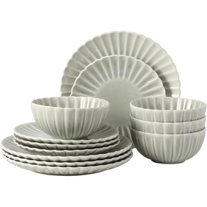 image:imageGibson Elite Bistro Fleur Plates and Bowls Sets 12Piece Stoneware Dinnerware Set for 4 Ivory White Scalloped Dish Set with Dinner Plates Salad Plates amp BowlsSage Green Peach Orchard