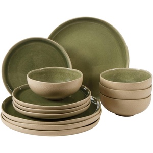 image:imageGibson Elite Bistro Fleur Plates and Bowls Sets 12Piece Stoneware Dinnerware Set for 4 Ivory White Scalloped Dish Set with Dinner Plates Salad Plates amp BowlsGreen Manila Bay