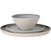 image:imageGibson Elite AvantGarde 12 Piece Stoneware Dinnerware Set for 4 Chateau Grey Plates and Bowls Set with Reactive Glaze Includes Dinner Plates Salad Plates and BowlsLight GreyCream White Coastal Forest