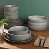 image:imageGibson Elite Island Bay 12Piece New Bone China Dinnerware Set Service for 4 Reactive Glaze Plates and Bowls Dishwasher and Microwave Safe Black and CreamGrey Pasco
