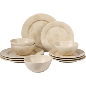image:imageBloomhouse  2 Time Oprahs Favorite Things  Made in Portugal Hand Painted Dinnerware Set  Porto Petals 12 Piece Service for 4 Floral Plates and Bowls Set  Green OrchidLilly Cream 12pc Dinnerware