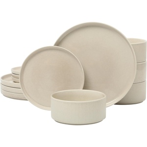 image:imageGibson Elite AvantGarde 12 Piece Stoneware Dinnerware Set for 4 Chateau Grey Plates and Bowls Set with Reactive Glaze Includes Dinner Plates Salad Plates and BowlsCream White Solana