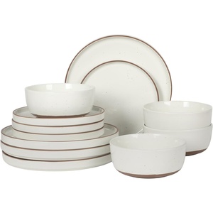 image:imageGibson Elite AvantGarde 12 Piece Stoneware Dinnerware Set for 4 Chateau Grey Plates and Bowls Set with Reactive Glaze Includes Dinner Plates Salad Plates and BowlsWhite Northrock