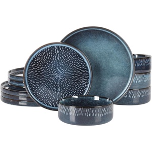 image:imageGibson Elite AvantGarde 12 Piece Stoneware Dinnerware Set for 4 Chateau Grey Plates and Bowls Set with Reactive Glaze Includes Dinner Plates Salad Plates and BowlsCobalt Blue Moderna