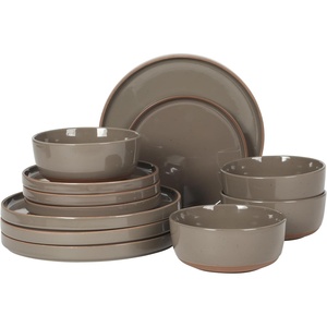 image:imageGibson Elite AvantGarde 12 Piece Stoneware Dinnerware Set for 4 Chateau Grey Plates and Bowls Set with Reactive Glaze Includes Dinner Plates Salad Plates and BowlsBrown Northrock