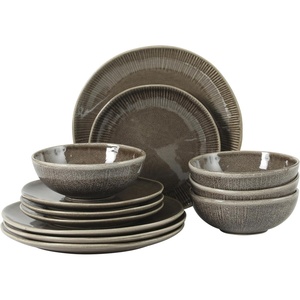 image:imageGibson Elite AvantGarde 12 Piece Stoneware Dinnerware Set for 4 Chateau Grey Plates and Bowls Set with Reactive Glaze Includes Dinner Plates Salad Plates and BowlsBrown Sandy Pines