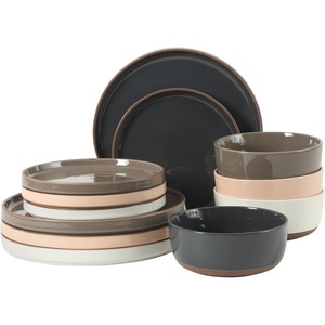 image:imageGibson Elite AvantGarde 12 Piece Stoneware Dinnerware Set for 4 Chateau Grey Plates and Bowls Set with Reactive Glaze Includes Dinner Plates Salad Plates and BowlsAssorted Colors Northrock
