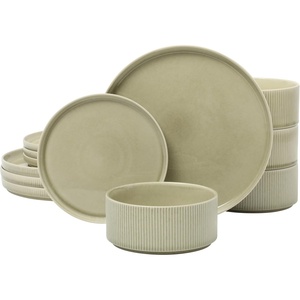 image:imageGibson Elite AvantGarde 12 Piece Stoneware Dinnerware Set for 4 Chateau Grey Plates and Bowls Set with Reactive Glaze Includes Dinner Plates Salad Plates and BowlsGreen Solana