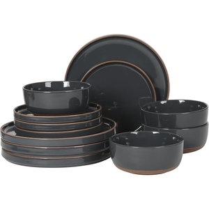 image:imageGibson Elite AvantGarde 12 Piece Stoneware Dinnerware Set for 4 Chateau Grey Plates and Bowls Set with Reactive Glaze Includes Dinner Plates Salad Plates and BowlsBlue Northrock