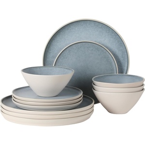 image:imageGibson Elite AvantGarde 12 Piece Stoneware Dinnerware Set for 4 Chateau Grey Plates and Bowls Set with Reactive Glaze Includes Dinner Plates Salad Plates and BowlsBlueCream White Coastal Forest