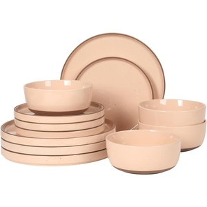 image:imageGibson Elite AvantGarde 12 Piece Stoneware Dinnerware Set for 4 Chateau Grey Plates and Bowls Set with Reactive Glaze Includes Dinner Plates Salad Plates and BowlsPeach Northrock