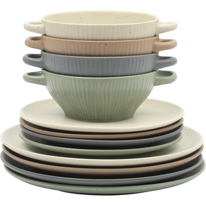 image:imageGibson Elite AvantGarde 12 Piece Stoneware Dinnerware Set for 4 Chateau Grey Plates and Bowls Set with Reactive Glaze Includes Dinner Plates Salad Plates and BowlsAssorted Colors Clover Hill