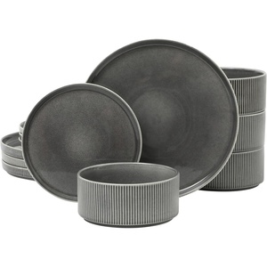 image:imageGibson Elite AvantGarde 12 Piece Stoneware Dinnerware Set for 4 Chateau Grey Plates and Bowls Set with Reactive Glaze Includes Dinner Plates Salad Plates and BowlsBlack Solana