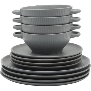 image:imageGibson Elite AvantGarde 12 Piece Stoneware Dinnerware Set for 4 Chateau Grey Plates and Bowls Set with Reactive Glaze Includes Dinner Plates Salad Plates and BowlsDark Blue Clover Hill