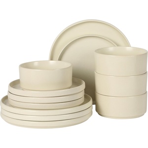 image:imageGibson Elite AvantGarde 12 Piece Stoneware Dinnerware Set for 4 Chateau Grey Plates and Bowls Set with Reactive Glaze Includes Dinner Plates Salad Plates and BowlsLinen White AvantGarde