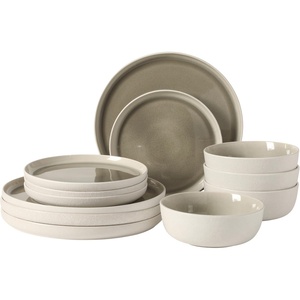 image:imageGibson Elite Island Bay 12Piece New Bone China Dinnerware Set Service for 4 Reactive Glaze Plates and Bowls Dishwasher and Microwave Safe Black and CreamGrey Tahoe Sunset