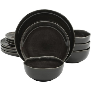 image:imageGibson Elite Island Bay 12Piece New Bone China Dinnerware Set Service for 4 Reactive Glaze Plates and Bowls Dishwasher and Microwave Safe Black and CreamBlack Nardini