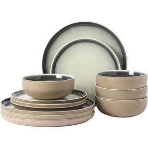 image:imageGibson Elite Island Bay 12Piece New Bone China Dinnerware Set Service for 4 Reactive Glaze Plates and Bowls Dishwasher and Microwave Safe Black and CreamBlack  Cream Island Bay