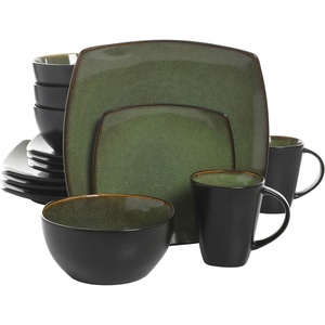 image:imageGibson Elite Island Bay 12Piece New Bone China Dinnerware Set Service for 4 Reactive Glaze Plates and Bowls Dishwasher and Microwave Safe Black and CreamGreen Soho Lounge