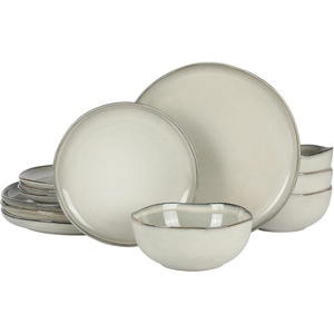 image:imageGibson Elite Island Bay 12Piece New Bone China Dinnerware Set Service for 4 Reactive Glaze Plates and Bowls Dishwasher and Microwave Safe Black and CreamMoon White Nardini