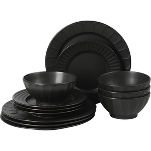 image:imageGibson Elite Soleil 12 Piece Echo Blue Stoneware Dinnerware Set for 4 Plates and Bowls Set with Dinner Plates Salad Plates and BowlsBlack Winchester Way