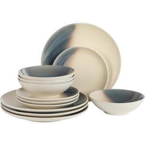 image:imageGibson Elite Soleil 12 Piece Echo Blue Stoneware Dinnerware Set for 4 Plates and Bowls Set with Dinner Plates Salad Plates and BowlsBlue Crescenton