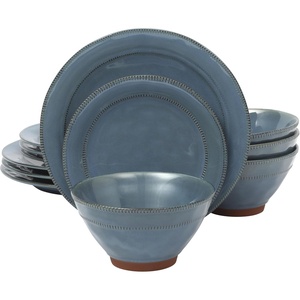 image:imageGibson Elite Soleil 12 Piece Echo Blue Stoneware Dinnerware Set for 4 Plates and Bowls Set with Dinner Plates Salad Plates and BowlsBlue Terranea